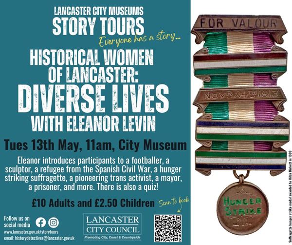 poster with photo of suffragette hunger strike medal on purple, green and white striped ribbon.